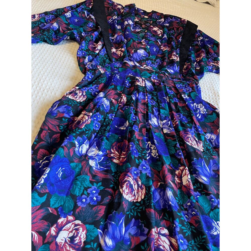 VTG 80's 90's Blue & Purple Floral Grandma Core V Neck Retro Long Sleeve Dress 4 - Picture 7 of 14